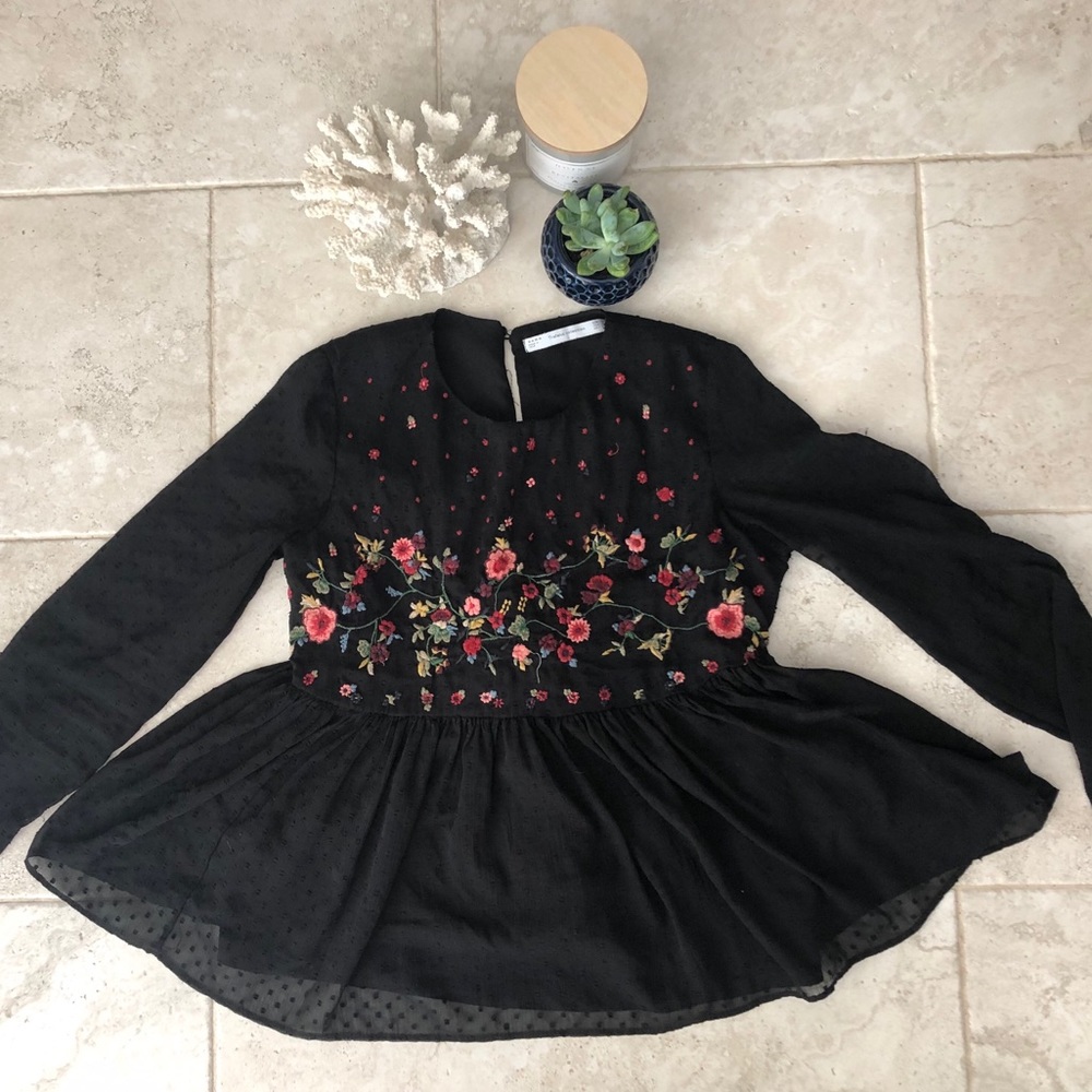 Zara Black Flowy Embroidered Flower Top